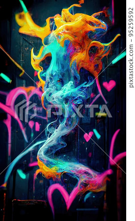 Abstract smoke multicolored on black background. A wall splattered with colored paint, surrounded by colored smoke. Perfect for phone wallpaper or for posters Abstract smoke multicolored on black background. A wall splattered with colored paint, surrounded by colored smoke. Perfect for phone wallpaper or for posters 95259592