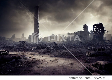 A post-apocalyptic ruined city. Destroyed buildings, destroyed roads, blown up skyscrapers. The concept of the apocalypse. 3d rendering A post-apocalyptic ruined city. Destroyed buildings, destroyed roads, blown up skyscrapers. The concept of the apocalypse. 3d rendering 95259600
