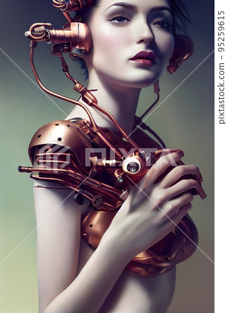 A fictional person, not based on a real person. Abstract portrait of a beautiful fictional steampunk girl. Fashionable cute woman. Creative beautiful girl. 3d rendering 95259615