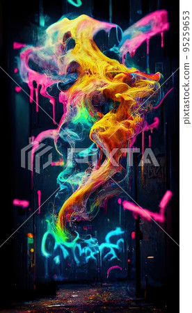 Abstract smoke multicolored on black background. A wall splattered with colored paint, surrounded by colored smoke. Perfect for phone wallpaper or for posters 95259653