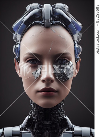 Portrait of a futuristic female robot. An artistic abstract steampunk fantasy. Concept of a modern robot. 3d rendering 95259695