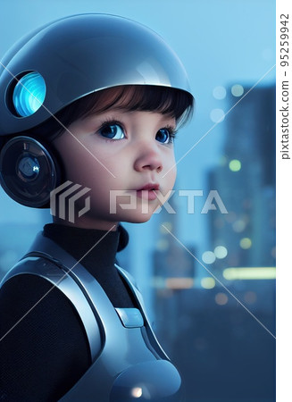 Portrait of a fictional futuristic child pilot wearing an aviation helmet and pilot's suit. 3d rendering 95259942