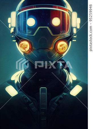 Portrait of a man wearing a cyberpunk headset, neon virtual glasses, and cyberpunk gear. A high-tech futuristic man from the future. The concept of virtual reality and cyberpunk. 3D rendering. 95259946