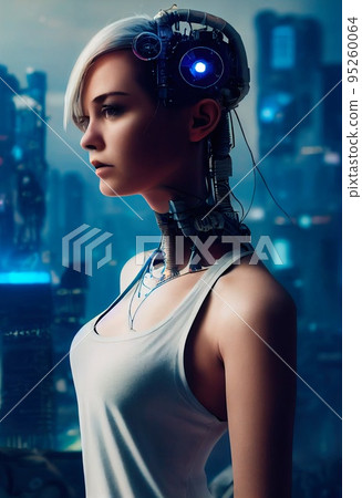 Portrait of a futuristic female robot. An artistic abstract steampunk fantasy. Concept of a modern robot. 3d rendering Portrait of a futuristic female robot. An artistic abstract steampunk fantasy. Concept of a modern robot. 3d rendering 95260064