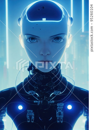 Portrait of a futuristic female robot. An artistic abstract steampunk fantasy. Concept of a modern robot. 3d rendering 95260104