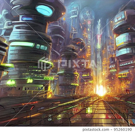 照亮未來城市人行道的橙色燈光 95260190