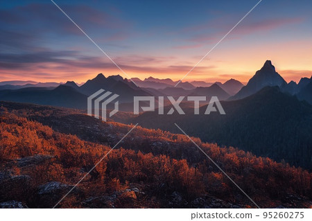 Beautiful ancient mountains at dawn, in the morning sunlight and in the fog. 3D rendering. 95260275