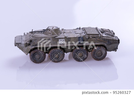 War Concept. Military silhouettes fighting scene on war fog sky background, World War Soldiers Silhouette Below Cloudy Skyline At night. Armored vehicle fight scene. Selective focus 95260327