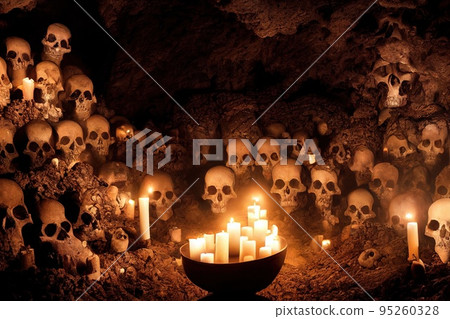 Creepy ancient cave with burning candles and skulls. An old abandoned grotto with bones. 3D rendering. 95260328
