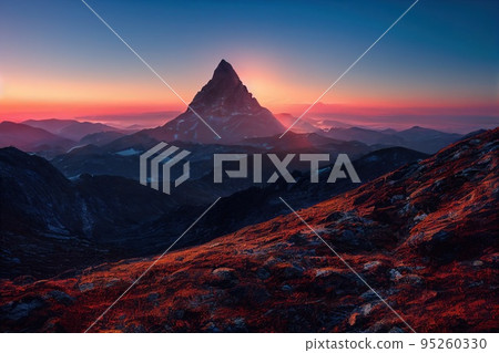 Beautiful ancient mountains at dawn, in the morning sunlight and in the fog. 3D rendering. 95260330