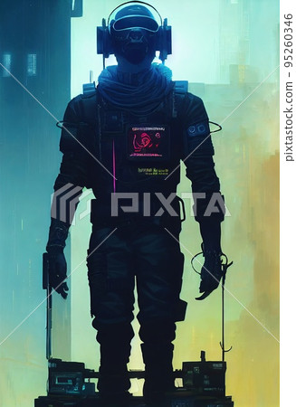Portrait of a man wearing a cyberpunk headset, neon virtual glasses, and cyberpunk gear. A high-tech futuristic man from the future. The concept of virtual reality and cyberpunk. 3D rendering. 95260346