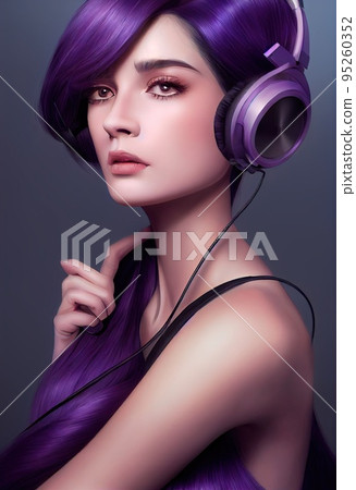 Fictional portrait of a fictional punk pretty girl with headphones and purple hair. Hipster girl with punk hair. 3D render Fictional portrait of a fictional punk pretty girl with headphones and purple hair. Hipster girl with punk hair. 3D render 95260352