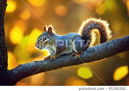 A squirrel in the autumn forest. A squirrel in nature in an autumn park. Cute squirrel gnawing on nuts. 3d rendering A squirrel in the autumn forest. A squirrel in nature in an autumn park. Cute squirrel gnawing on nuts. 3d rendering 95260392