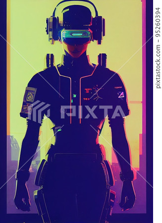 Portrait of a man wearing a cyberpunk headset, neon virtual glasses, and cyberpunk gear. A high-tech futuristic man from the future. The concept of virtual reality and cyberpunk. 3D rendering. 95260394