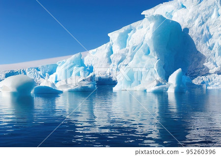A sunny day in cold Antarctica. Antarctic icebergs. Reflection of icebergs in clear deep transparent water. 3D rendering 95260396
