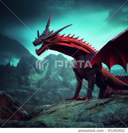 Portrait of a beautiful formidable legendary dragon. Image of an ancient dragon. 3d rendering Portrait of a beautiful formidable legendary dragon. Image of an ancient dragon. 3d rendering 95260402