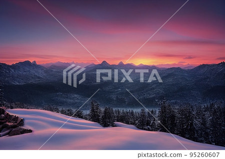 Beautiful ancient mountains at sunset, in the evening sunlight and in the fog. 3D rendering. 95260607