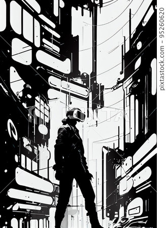 A stalker survivor in protective clothing and an old gas mask. Survivor of nuclear war. 95260620