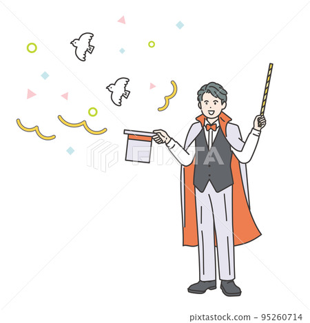 Illustration material of a magician who puts out a pigeon from a silk hat Illustration material of a magician who puts out a pigeon from a silk hat 95260714