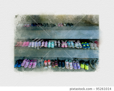 Children's shoes lined up at the entrance, athletic shoes for toddlers, the entrance to a kindergarten 95261014