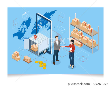 3D isometric Logistics and Delivery services concept with Truck transport product boxes from suppliers to buyers. Vector illustration eps10 3D isometric Logistics and Delivery services concept with Truck transport product boxes from suppliers to buyers. Vector illustration eps10 95261076