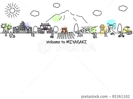 手繪宮崎縣城市景觀和人的簡單線條圖 95261102