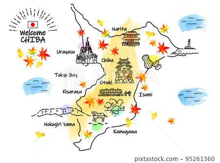 Simple line drawing illustration map of sightseeing spots in Chiba Prefecture in autumn Simple line drawing illustration map of sightseeing spots in Chiba Prefecture in autumn 95261360