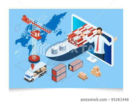 3D isometric Global logistics network concept with Transportation operation service, Export, Import, Cargo, Air, Road, Maritime delivery. Vector illustration EPS 10 95261446