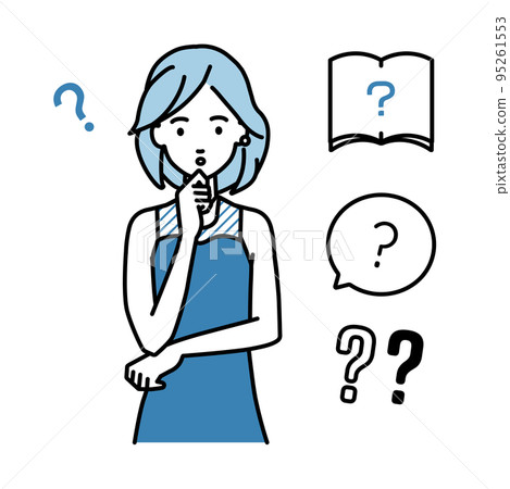 A set of question marks for a woman in a dress who stands and puts her hands on her chin and feels doubts 95261553