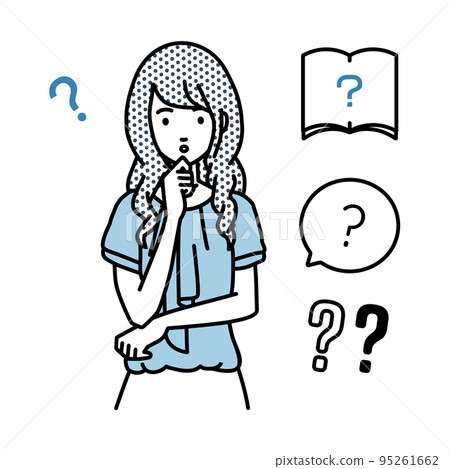 一組辦公室休閒女性問號站著，雙手放在下巴上感到懷疑 95261662