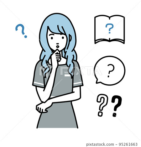 一組問號，供一位女性美容院店員、接待員和客戶服務員站著，用手放在下巴上感到懷疑 95261663