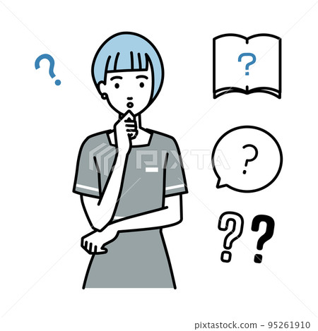 A set of question marks for a female beauty salon clerk, receptionist, and customer service clerk standing and feeling doubts with her hand on her chin 95261910