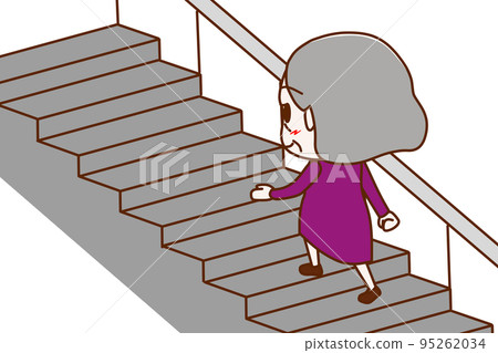 (Whole body obliquely behind) An elderly woman walking up the stairs with a smile (Whole body obliquely behind) An elderly woman walking up the stairs with a smile 95262034