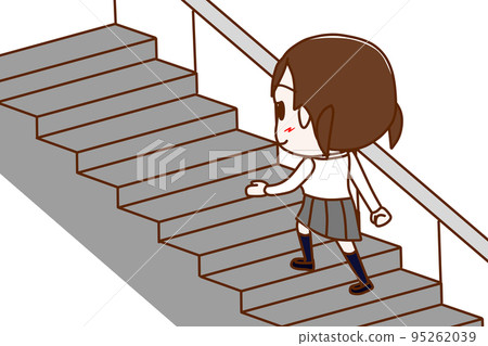 (Whole body obliquely behind) A female student walking up the stairs with a smile (Whole body obliquely behind) A female student walking up the stairs with a smile 95262039