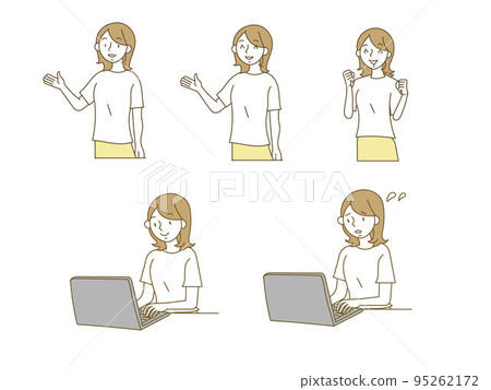 一名穿著休閒服工作的年輕女子上身姿勢的插圖集 95262172