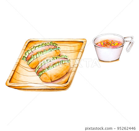 Rolled hot dog and minestrone hand-painted 95262446