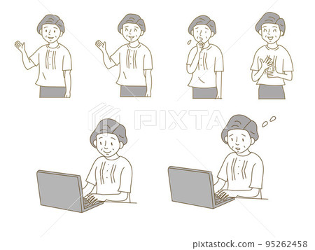 Illustration material set of a casual senior woman using a personal computer Illustration material set of a casual senior woman using a personal computer 95262458