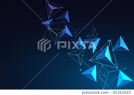 Abstract futuristic dynamic banner with glowing blue triangles and tetrahedra on blue background 95262683