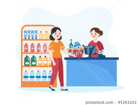 Grocery Store or Supermarket with Food Product Shelves, Racks Dairy, Fruits and Drinks for Shopping in Flat Cartoon Hand Drawn Templates Illustration 95263202