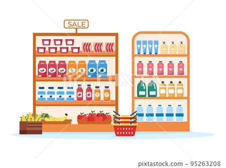 Grocery Store or Supermarket with Food Product Shelves, Racks Dairy, Fruits and Drinks for Shopping in Flat Cartoon Hand Drawn Templates Illustration Grocery Store or Supermarket with Food Product Shelves, Racks Dairy, Fruits and Drinks for Shopping in Flat Cartoon Hand Drawn Templates Illustration 95263208