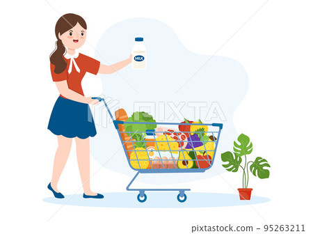 Grocery Store or Supermarket with Food Product Shelves, Racks Dairy, Fruits and Drinks for Shopping in Flat Cartoon Hand Drawn Templates Illustration Grocery Store or Supermarket with Food Product Shelves, Racks Dairy, Fruits and Drinks for Shopping in Flat Cartoon Hand Drawn Templates Illustration 95263211
