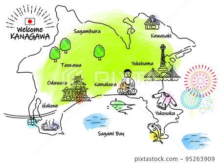 Simple line drawing illustration map of sightseeing spots in Kanagawa Prefecture 95263909