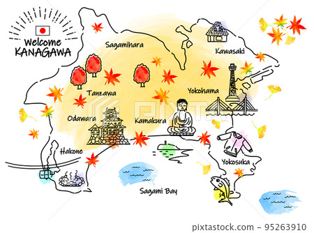 Simple line drawing illustration map of tourist spots in Kanagawa prefecture in autumn 95263910