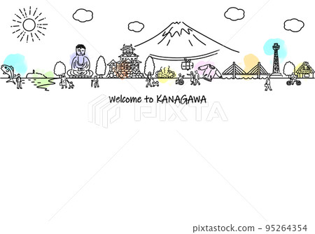 Hand-drawn Kanagawa prefecture cityscape and simple line drawings of people 95264354