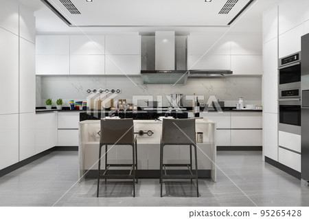 3d rendering white minimal kitchen with wood decoration and fridge 95265428