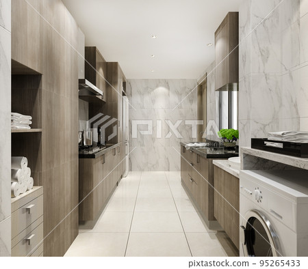 3d rendering white minimal kitchen with wood decoration and fridge 95265433