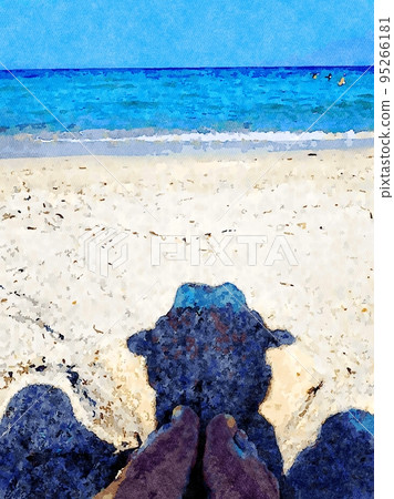 The shadow of a person sitting on the beach. 95266181