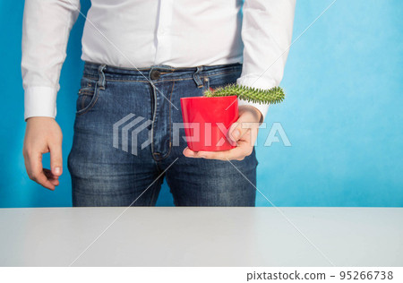 A man holds a red pot with a cactus against a blue wall. The concept of treatment of weak potency and erection. Dysfunctions in sexology. Copy space for text 95266738
