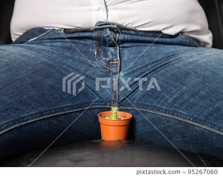 A man sits on a chair near the groin is a small cactus. The concept of male problems, a small penis, hormones and dysfunction in the genital area. Circumcision A man sits on a chair near the groin is a small cactus. The concept of male problems, a small penis, hormones and dysfunction in the genital area. Circumcision 95267060