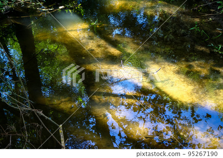 Water surface in a stream shining in the sun 95267190